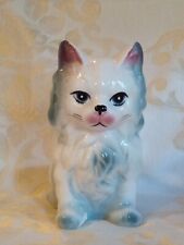 Vintage 1950s Large White Cat Hand Painted Ceramic Planter Japan Blue Pink picture