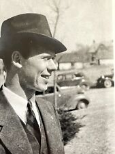 G5 Photograph 1940's Handsome Man Profile Old Cars Artistic Hat Suit Dapper  picture