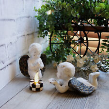 Courtly Cherubs with Checked Tea Light Candle Hand Painted Checks Chippy Angels picture