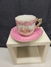 Germany Pink Gold Handle Courting Couple Teacup with Saucer  picture