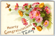 c1910s Hearty Congratulations Embossed Flowers Antique Postcard picture