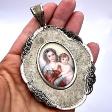 Huge Vintage Gilt Silver 925 Medallion Pendant Amulet Virgin Mary Marked Italy  picture