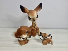 Vintage Norcrest Big Eye Doe Mother Deer 2 Chained Baby Fawn Figures Japan picture