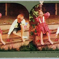 c1900s 4th of July Boy Girl Firecracker House Fireworks Stereoview Dynamite V38 picture