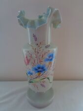 Antique Victorian Hand Painted Bristol Gray Glass Floral Ruffled Rim Vase 13