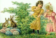 1870's-80's Lovely Easter Colored Eggs Kids Bunnies Chocolat Poulain Die Cut *R picture