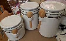 Vintage White Ceramic Kitchen Canister Set Of 3 w/wooden spoons picture