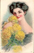 Antique Copyright 1909 Victorian Woman with Yellow Flowers #117 Unposted picture