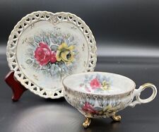 Antique Lefton footed, teacup and saucer rose pattern luster finish picture