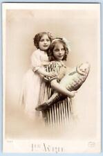 RPPC 2 SWEET GIRLS HOLDING BIG FISH POISSON D'AVRIL APRIL FOOLS FRENCH POSTCARD picture