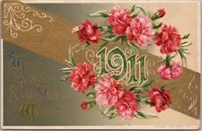 Vintage 1911 Winsch HAPPY NEW YEAR Embossed Postcard / Pink Flowers -1910 Cancel picture