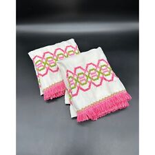 Vintage Curtain Panels Pink Green White Fringe Embroidered Crewel Retro Decor picture