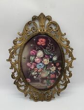 Vintage Floral Picture Made in Italy Oval Convex Bubble Glass Brass Ornate Frame picture