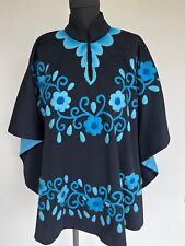 Vintage 1960's Turquoise Floral Embroidery Poncho Tunic Cloak Blouse Cape OSFA picture