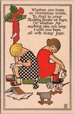 Vintage 1913 MERRY CHRISTMAS Postcard Girls w/ Books & Toys / Artist-Signed picture