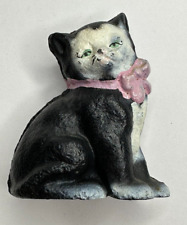 Vintage BLACK Kitty CAT Green Eyes Pink Bow Heavy Cast Iron Figurine picture