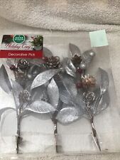 3 PK OF PINECONES WITH SILVER LEAVES CLIPS WHITE SNOW ON BERRIES & CONES NIP picture