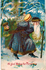 Long Blue Robe Santa Claus in Snow with Child~Toys~1910~Christmas Postcard~h917 picture
