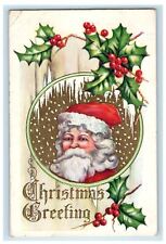 c1910's Christmas Greetings Santa Claus Winter Snow Holly Berries Postcard picture