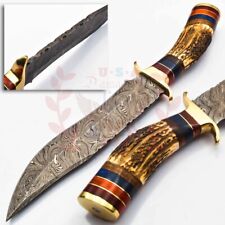 Custom Hand Made Forged Damascus Steel Hunting Bowie Knife handle Deer antler picture