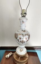 Vintage MCM White & Pink Satin Glass Hollywood Regency Lamp Floral Ornate Base picture