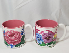 2 Vintage Jane Bowen Roses/Pansies Coffee Mug Cup Pink Flowers 10oz. Grandmacore picture