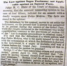 1858 San Francisco newspaper w LAW AGAINST NEGR0 TESTIMONY in California Courts picture