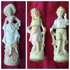 3 High Figurines Vintage Parian Bisque Porcelain soft pastel colors Children + picture