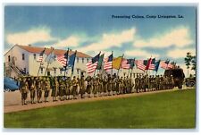 c1940's Presenting Colors Soldiers Us Flag Camp Livingston Louisiana LA Postcard picture