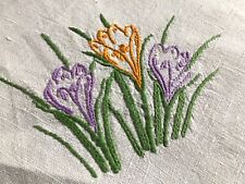 Vintage Ivory White Linen Tablecloth Hand Embroidered with Crocus picture