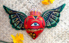 Heart Wings Eye & Crown Wood Hand Carved & Painted Guerrero Mexican Folk Art picture