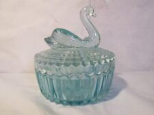 Vintage Jeanette Glass Swan Powder Dish Trinkets Aqua Blue Flashed 4.5