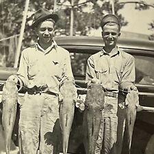 Vintage B&W Snapshot Photograph Handsome Young Men Farm Boys Big Fish Catch picture