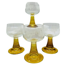 Vintage Amber German Roemer Wine Goblets Beehive Stem Etched Glass Set Of 4 picture