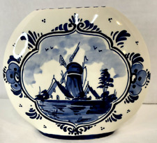 Delft Holland Hand Painted Circular Blue & White Floral Windmill Vase picture
