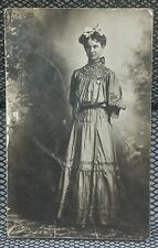 c.1900's Young Woman Hair Bow Studio Brunette Dress Antique RPPC c.1910's picture