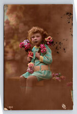 c1919 RPPC French Studio Portrait of Young Girl Flowers Hand Colored Postcard picture