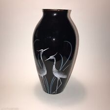 Vintage MCM Hand Blown Black Czech Hand Painted Vase with 2 Cranes 1960’s READ picture