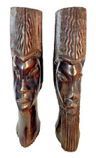 Authentic Pair Tribal Heads Collector Numbered African Hand Carved Wood Heads picture