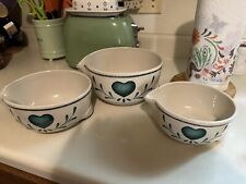 Vintage Set of 3 Stoneware Nesting Bowls With Pour Spout & Handles Green Hearts picture