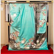Woman Japanese Kimono Furisode Silk Celadon blue flower pattern from japan picture