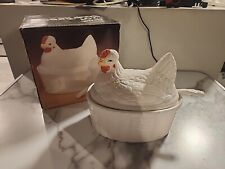 Vintage 2 Qt Soup Tureen White Ceramic Chicken On White Ceramic Basket W/ Ladle picture