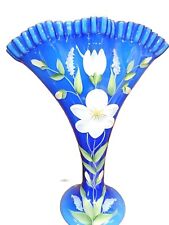 Fenton Vintage Fan Vase Large Cobalt Blue Glass Overlay Hand Painted Floral picture