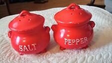 Vintage Salt & Pepper Shakers Red Cauldrons Footed Stock Pots picture