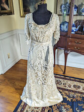 Antique Ca 1900's Belgian Tape Lace Evening Gown w/ Beading and Jewels, Labeled. picture