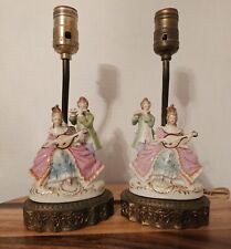 Vintage Pair Porcelain Boudoir Night Lamps Figural Musical Colonial Couple 11.5  picture
