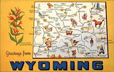 Greetings from Wyoming large letter Map Yellowstone Lake Laramie ~ 1950-60s picture