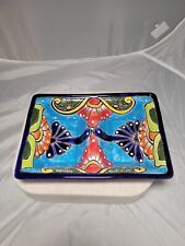 Mexican Pottery Divided Dish Marked MG Lead Free Boho Colorful picture