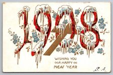 Greetings 1908 Happy New Year Frozen Iced Large Numbers Floral c1907 Postcard picture
