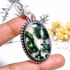 Moss Agate Vintage Handmade Jewelry.925 Silver Plated Pendant 1.9